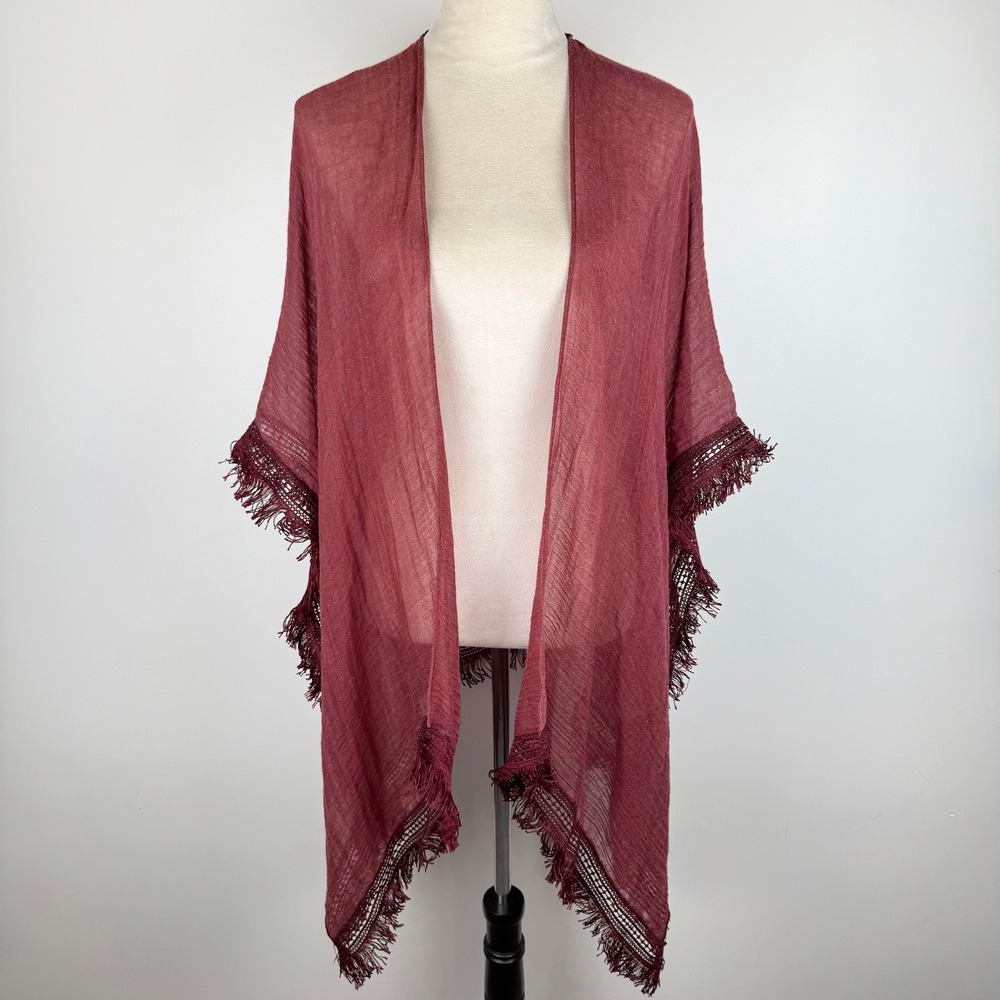 Y2K Mudd Womens Boho Wool Blend Fringe Kimono Mauve Open Front Cardigan One Size